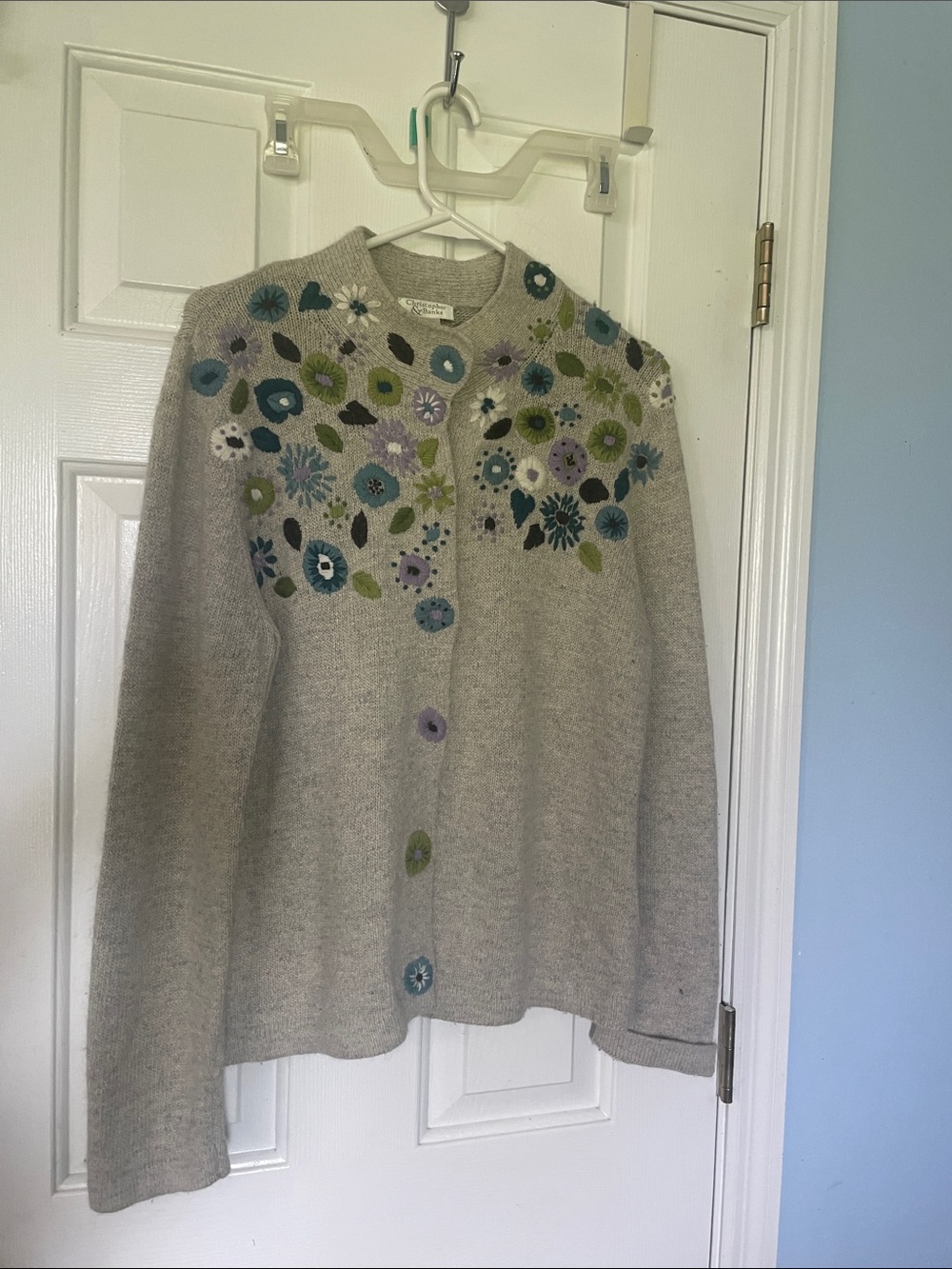 Christopher & Banks Light Gray Cardigan with Multicolor Floral Appliqués